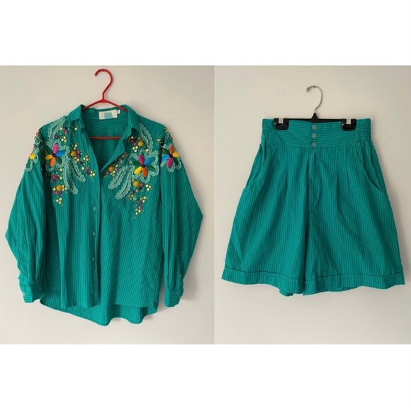 80s vintage embellished funky button up shirt shorts 2 piece matching coord set - Picture 10 of 11